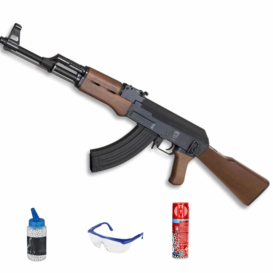 Arma GE AK AEG (6mm) | Mitragliatrice elettrica Airsoft tipo Kalashnikov AK-47 + pallini + occhiali + lubrificante (Potenza: 0,82 joule)