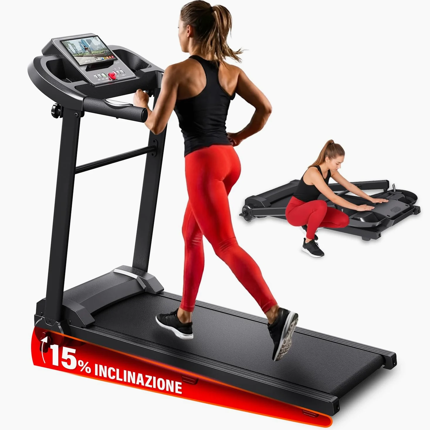 YM Tapis Roulant Salvaspazio Pieghevole 12 e 14 km/h, MARCHIO ITALIANO, Tappeto Corsa MAXI, Telaio rinforzato, Inclinazione, Elettrico, Display, Supporto Tablet, ASSISTENZA e GARANZIA ITALIA Your Move