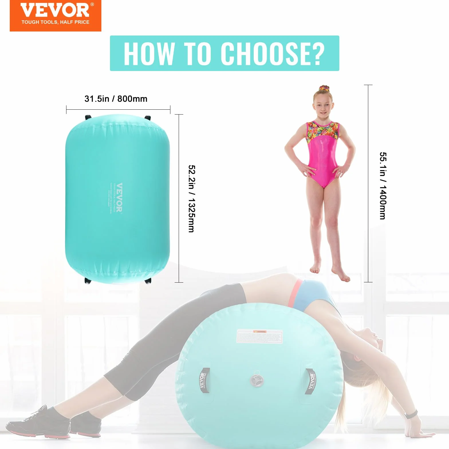 VEVOR Tappetino ad Aria, Rullo ad Aria Gonfiabile Rotondo, Canna d'Aria con Pompa Elettrica, Allenatore di piegamenti All'Indietro per Uso Domestico/Palestra/Yoga/Cheerleader/Parco/Acqua