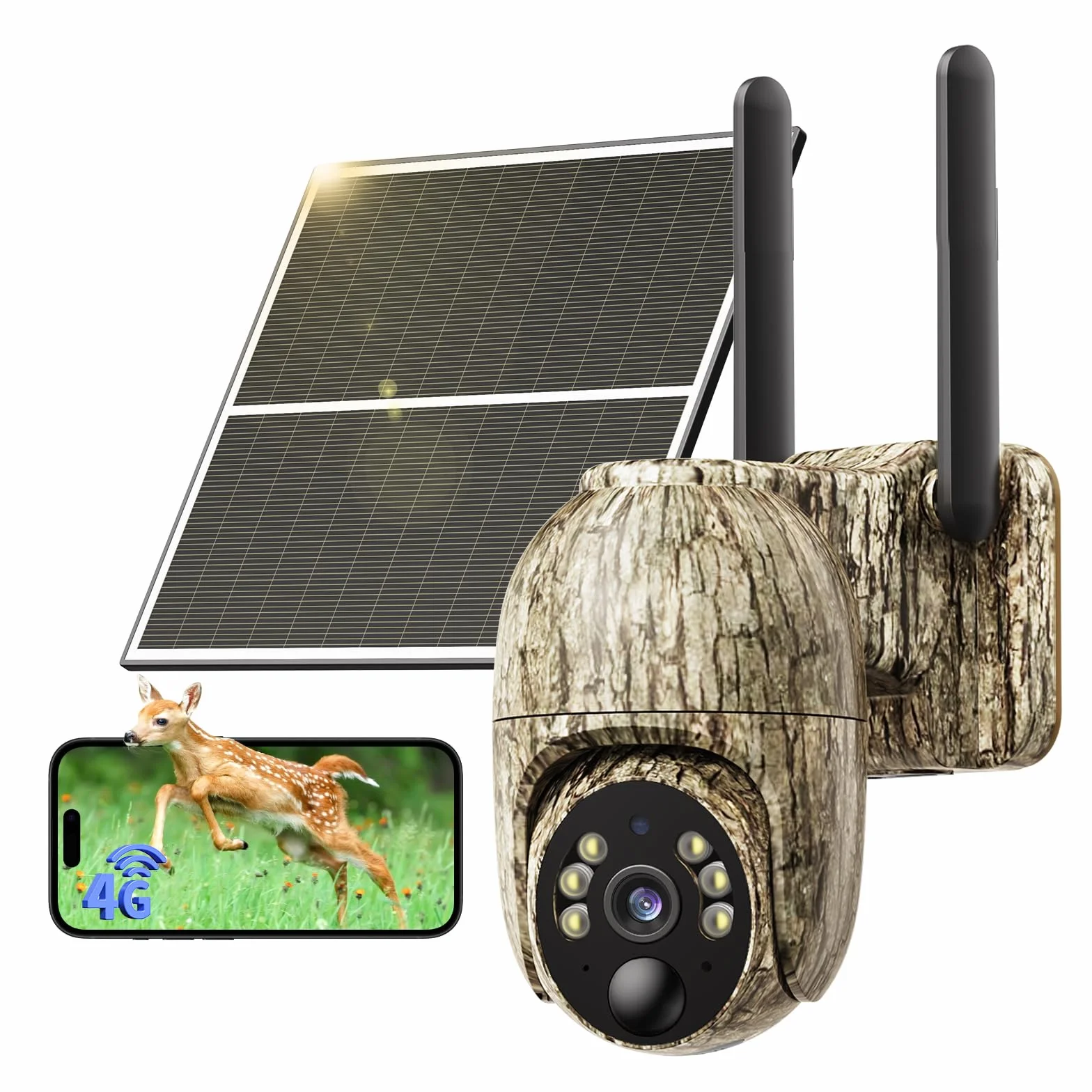 Fotocamera da Caccia Solare 4G LTE, 2K PTZ Fototrappola con SIM, Pannello Solare e APP, Rilevamento PIR, Visione Notturna a Colori