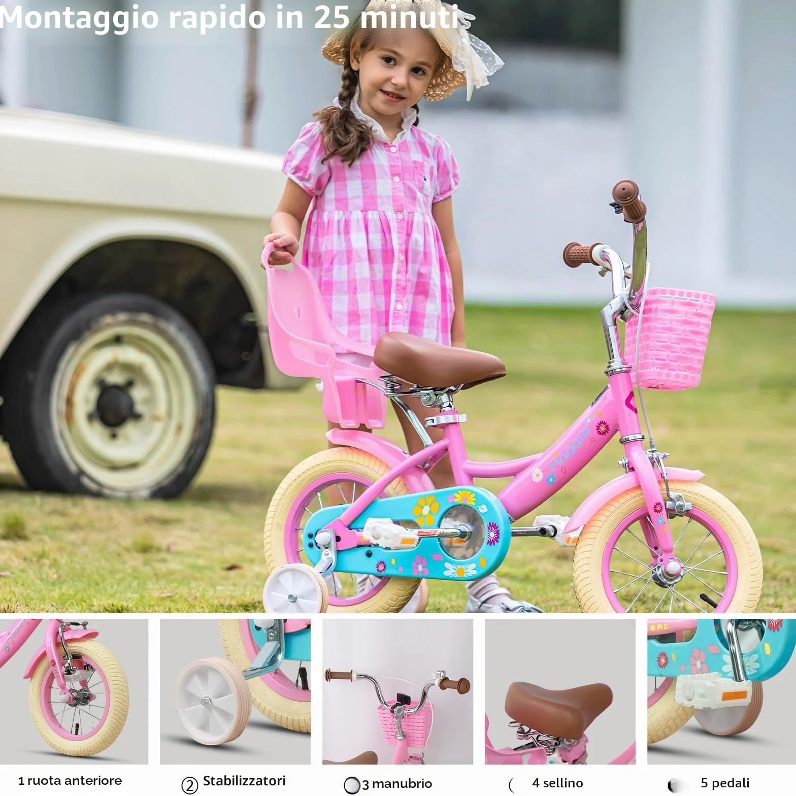 Glerc Bicicletta bambine 40,6 cm 2-7 anni con cestino ruote campanello colori assortiti
