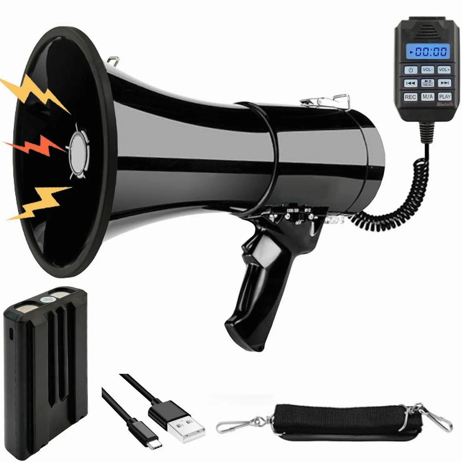 Altoparlante Megafono da 100 Watt, Megafono Portatilecon con Microfono, Funzione Sirena e Registrazione 350 Sec, Portata Fino a 2000M per Eventi Sportivi, attività all'aperto, Allenatori ECC