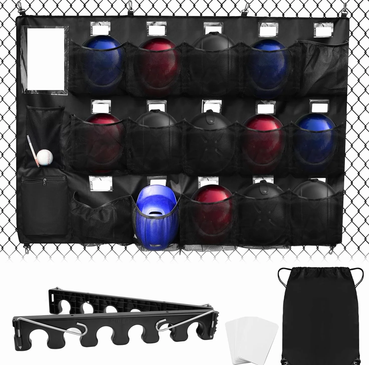 BOOSTEADY Set Completo Organizzatore per Caschi da Baseball con Rastrelliera per Mazze, Borsa di Trasporto e Targhette Nome, Sistema di Stoccaggio Pratico per l'Attrezzatura da Squadra