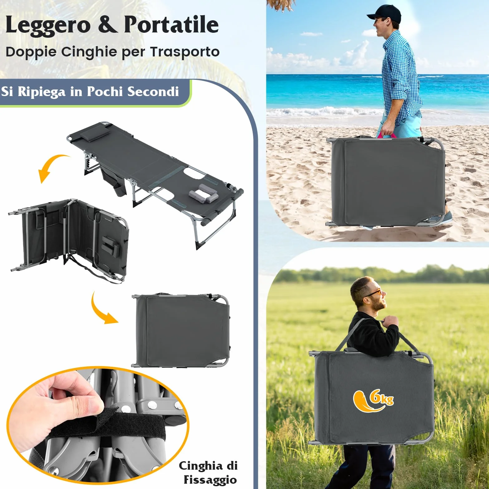 COSTWAY Lettino Prendisole Pieghevole Portatile, Lettino da Spiaggia con Fori per Viso e Braccia, Cuscino Poggiatesta e Tasca, Schienale Regolabile, per Mare e Piscina, Portata 180 kg (Grigio Scuro)