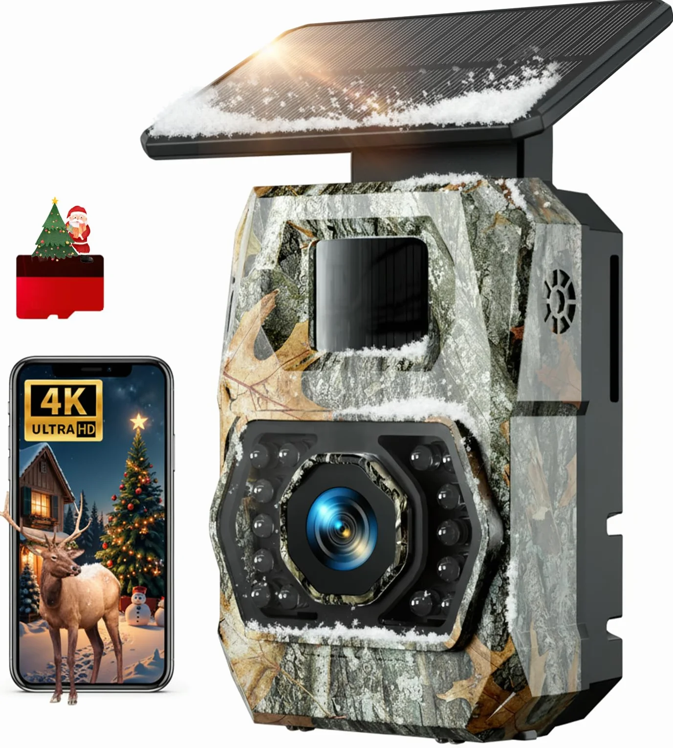 Fototrappola con Pannello Solare 60MP 4K 30fps WIFI Bluetooth App Batteria 5200mAh Angolo Rilevamento 100° HD Visione Notturna IP66
