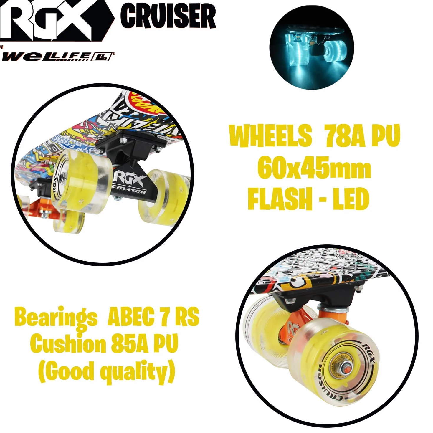 WeLLIFE Mini Cruiser Skateboard 22" 56cm RGB LED Wheels 78A PU ABEC-7RS
