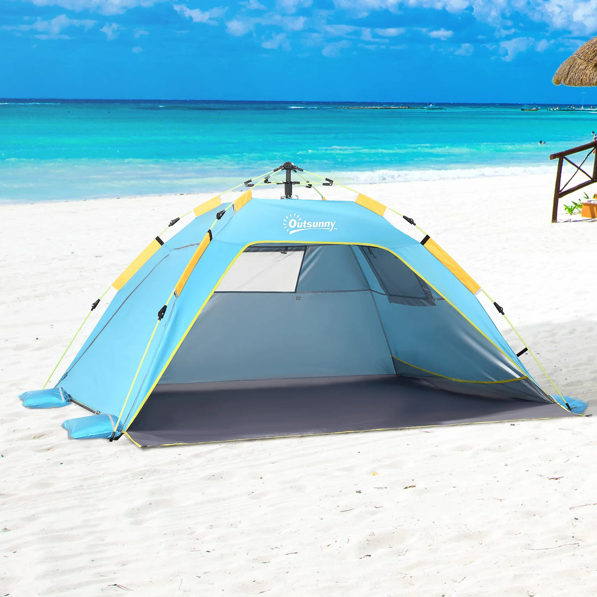 Outsunny Tenda da Spiaggia con Finestre Richiudibili e Porta a Cerniera, 220x173x120 cm