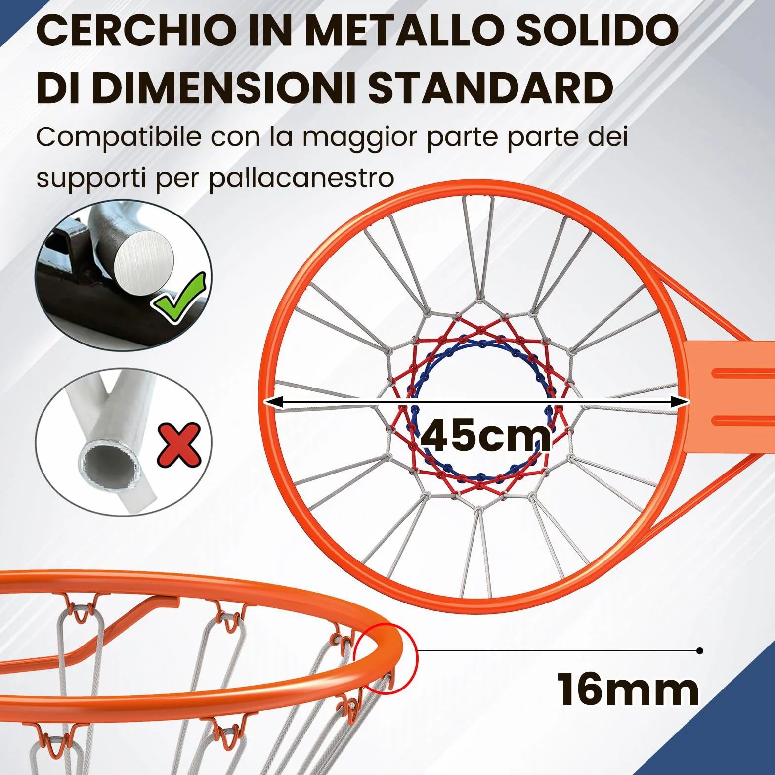 COSTWAY Canestro da Basket a Parete 45 cm, Anello Pallacanestro Muro Doppia Molla, Rete Resistente