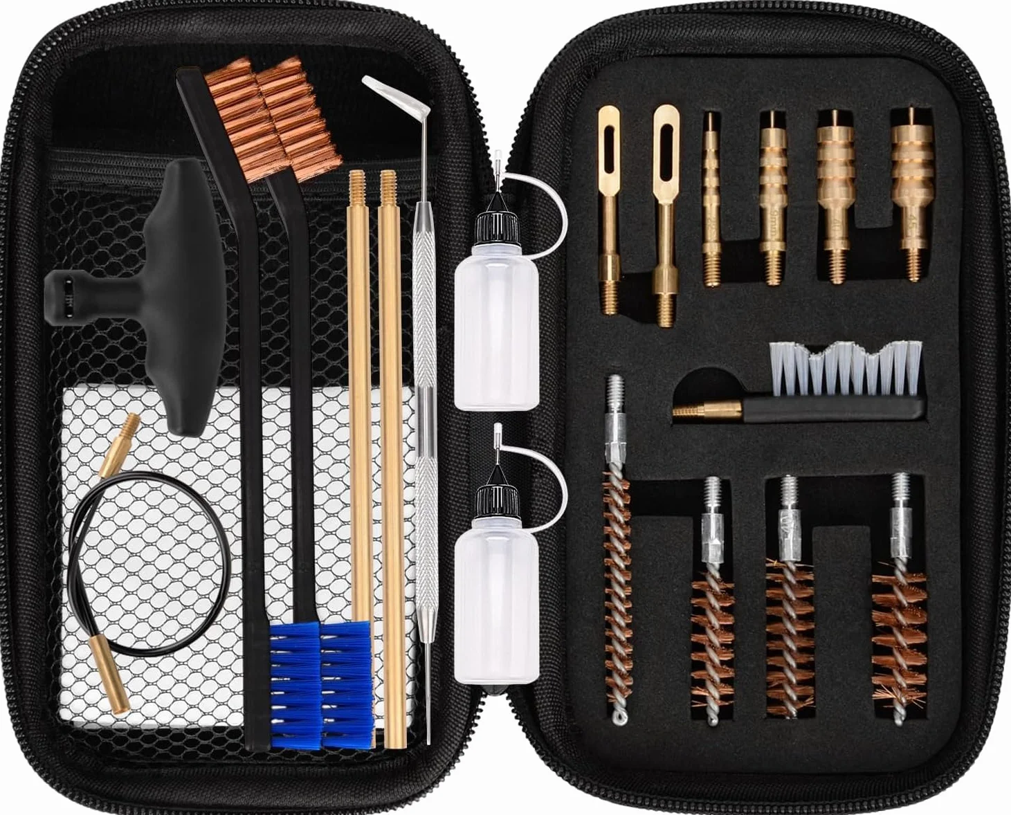 BOOSTEADY Kit Pulizia Universale per Pistole, Set Manutenzione Calibri .22 .357 .38 9mm .45 - Spazzole Bronzo Adattatori Ottone