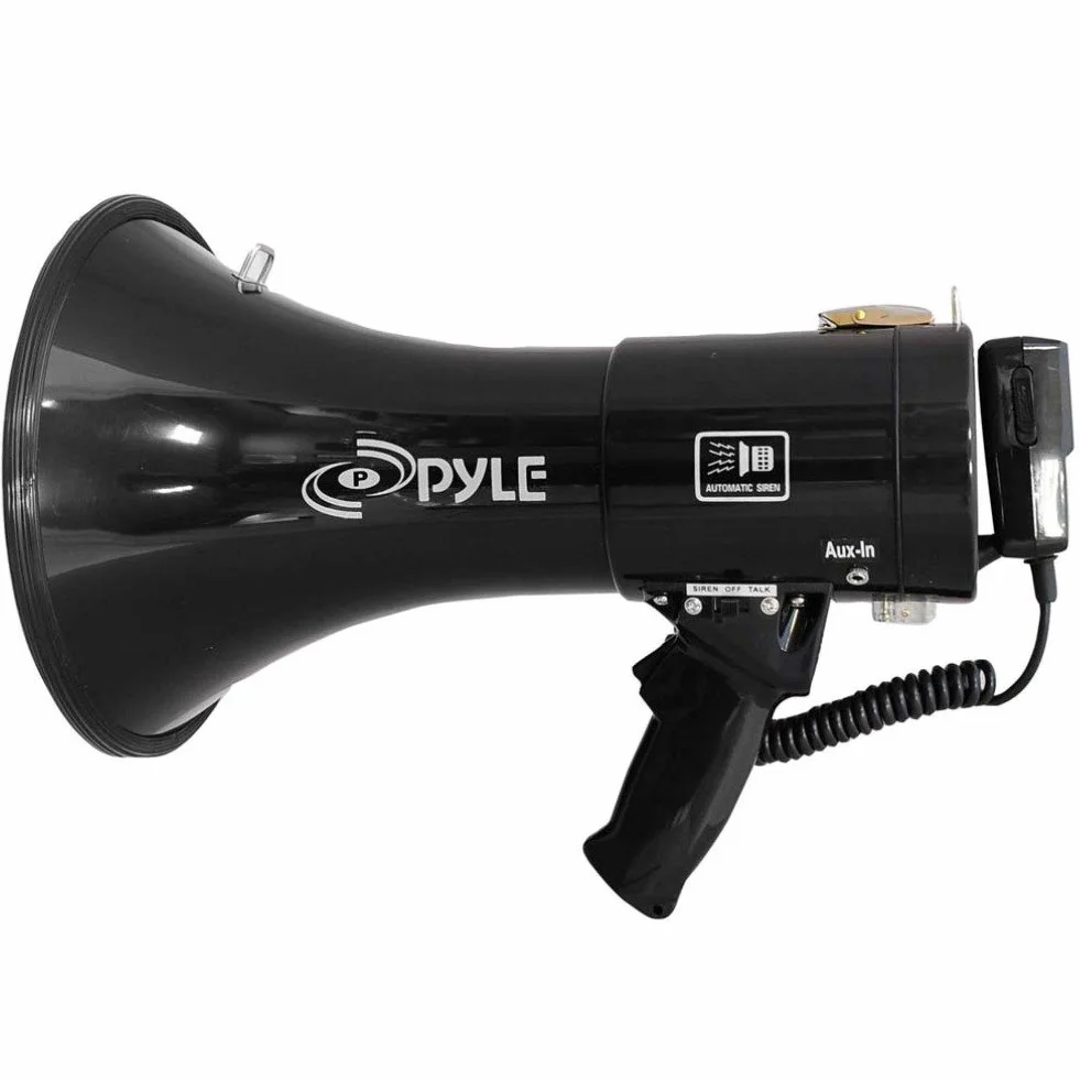 PYLE PMP53IN Megafono 50 Watt con Sirena, Ingresso Aux 3,5 mm, Microfono, Cinghia Trasporto, 12V