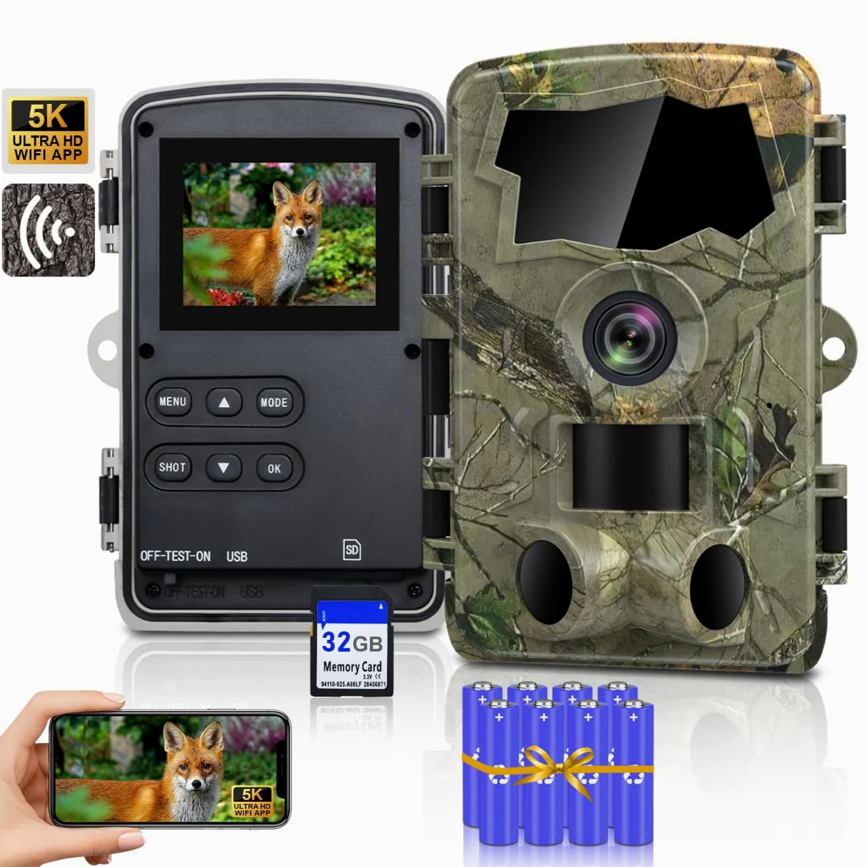Lutranstra Fototrappola selvaggia da 5 K, Wi-Fi, 64 MP con trasmissione del cellulare, Fototrappola Notturna per animali selvatici a infrarossi con scheda SD 32 G e 8 batterie AA, sensore di movimento