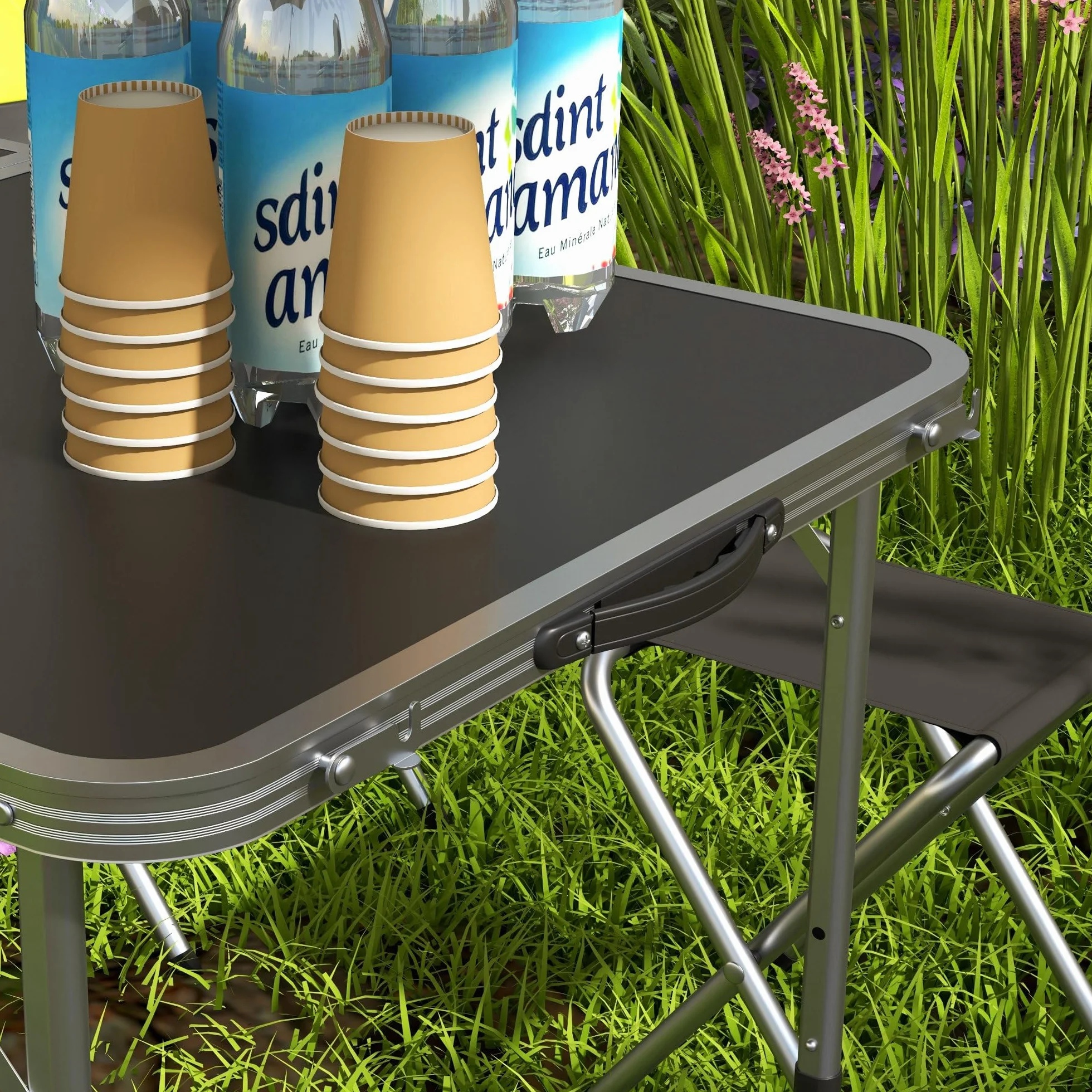 Outsunny 5-Piece Camping Set Tavolo da campeggio pieghevole con sedie regolabile in altezza 120x60x55-70 cm Nero