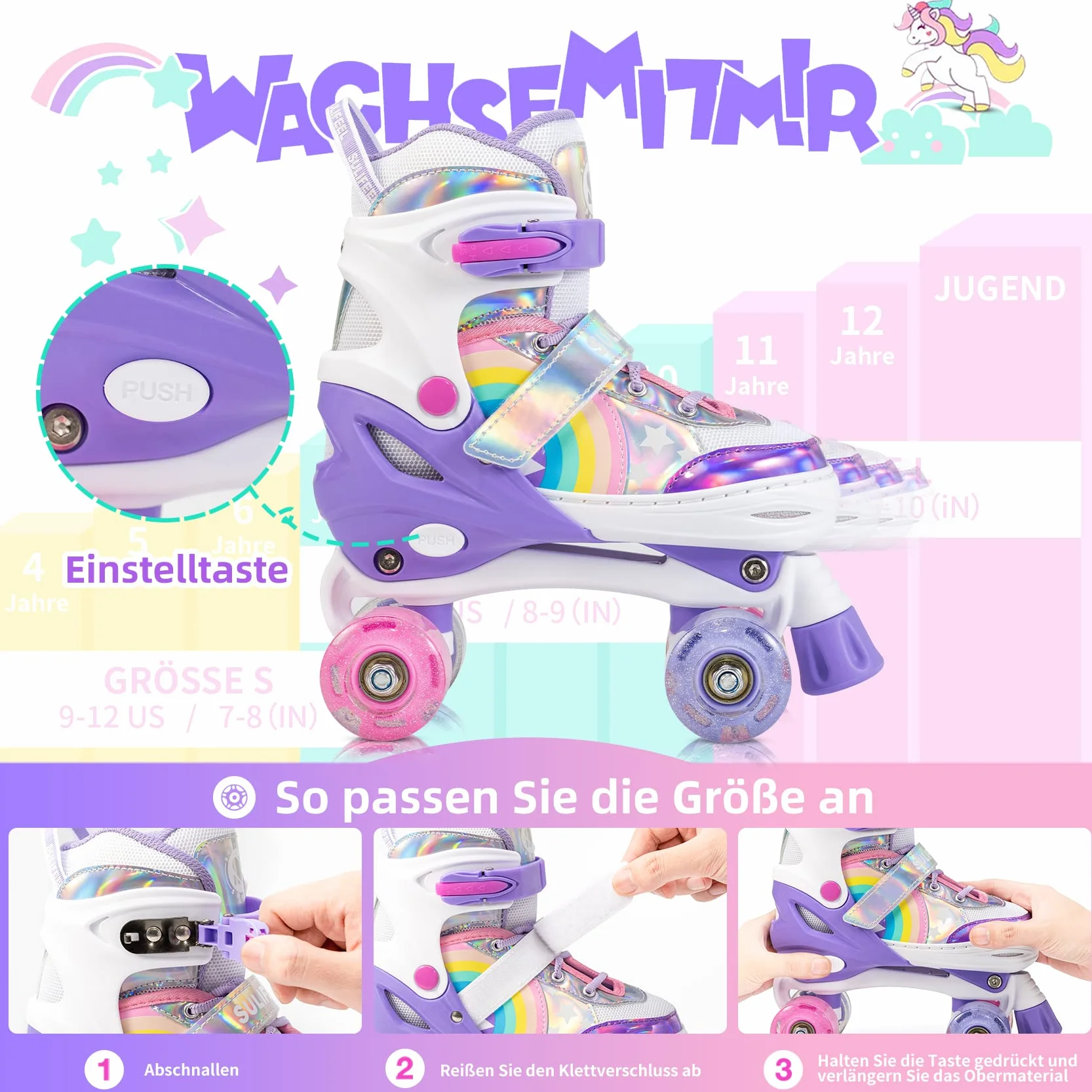 SULIFEEL Rainbow Unicorn Pattini a rotelle regolabili per bambini con ruote luminose per ragazze e ragazzi