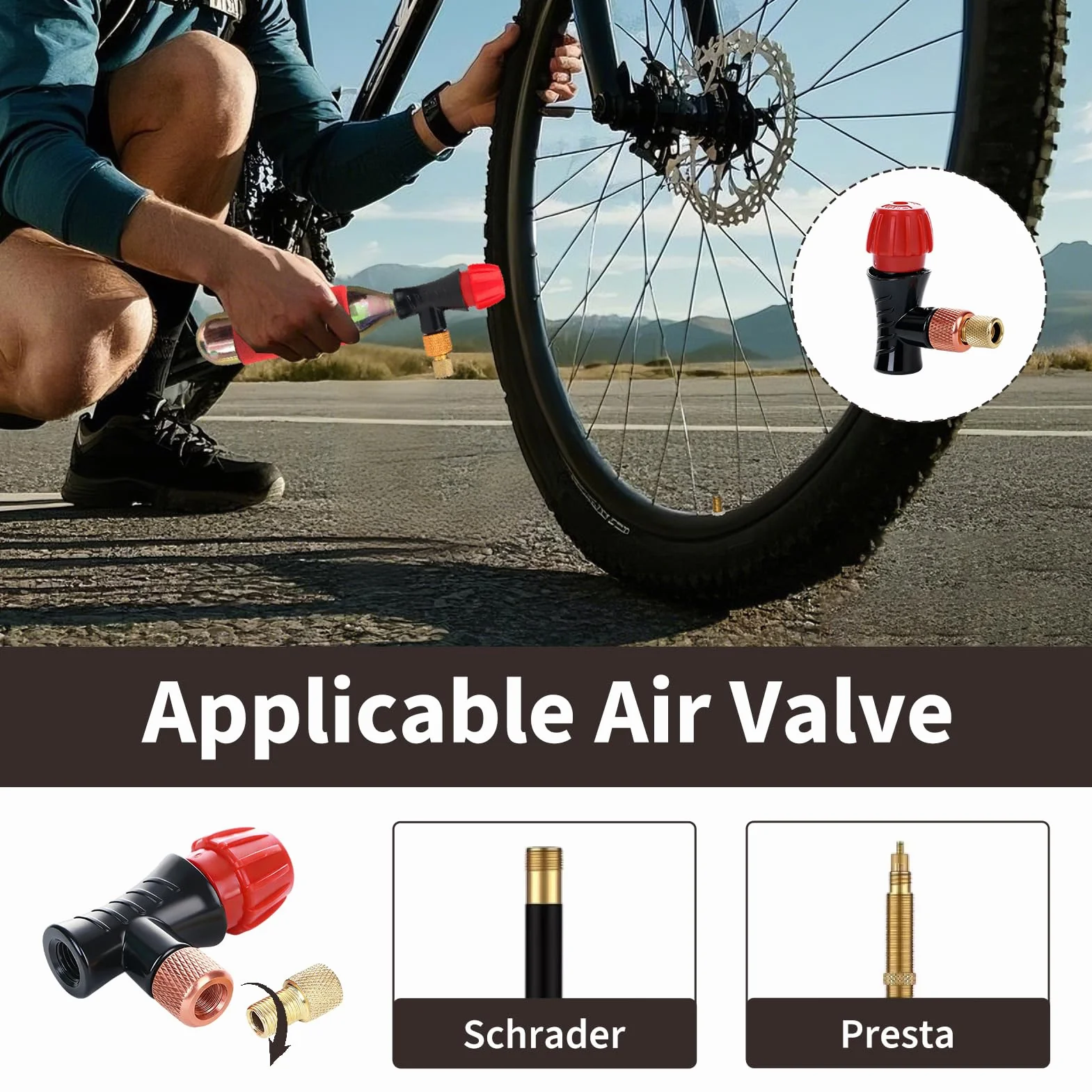 Gonfiatore CO2 Bicicletta Adattatore Valvola Presta Schrader Portatile Lega Alluminio MTB