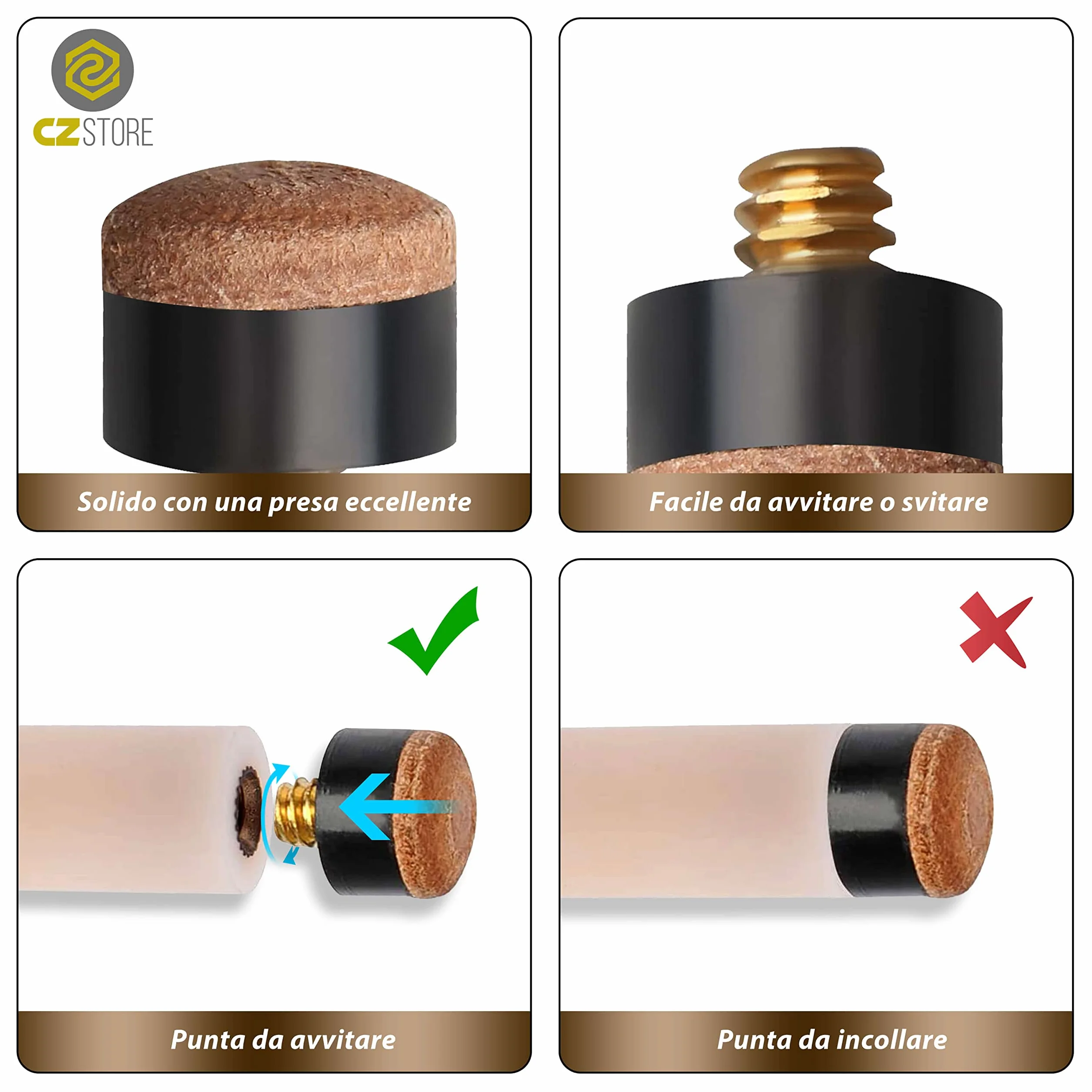 Punte per Stecche da Biliardo 10mm in Pelle con Vite in Ottone - Scatola 20 Pezzi