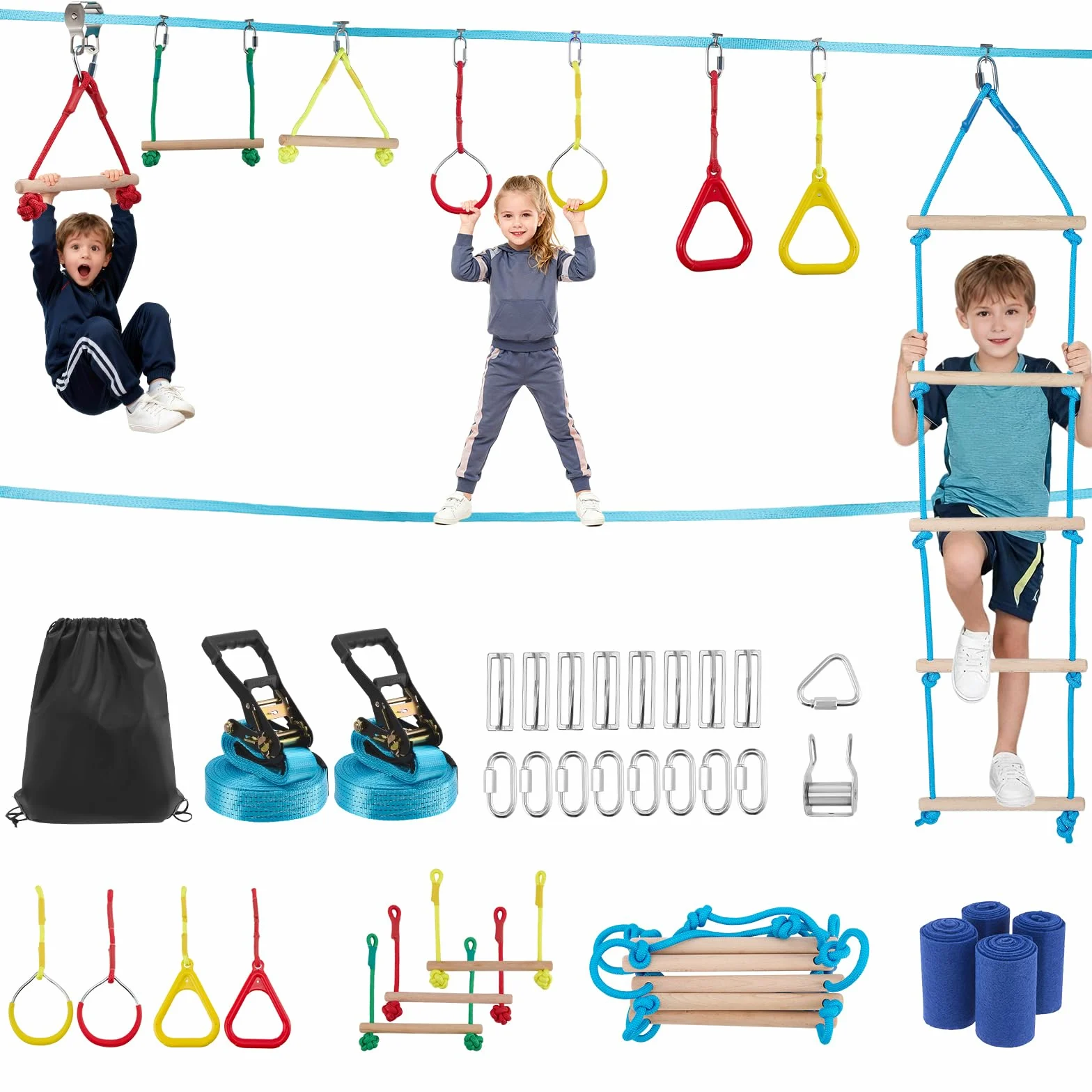 Set Slackline 8 in 1, ostacoli di arrampicata all'aperto con corda, aste per scimmie, anelli per arrampicata e scala, protezione per albero, borsa di stoccaggio, portata fino a 50 kg, per bambini 3-10