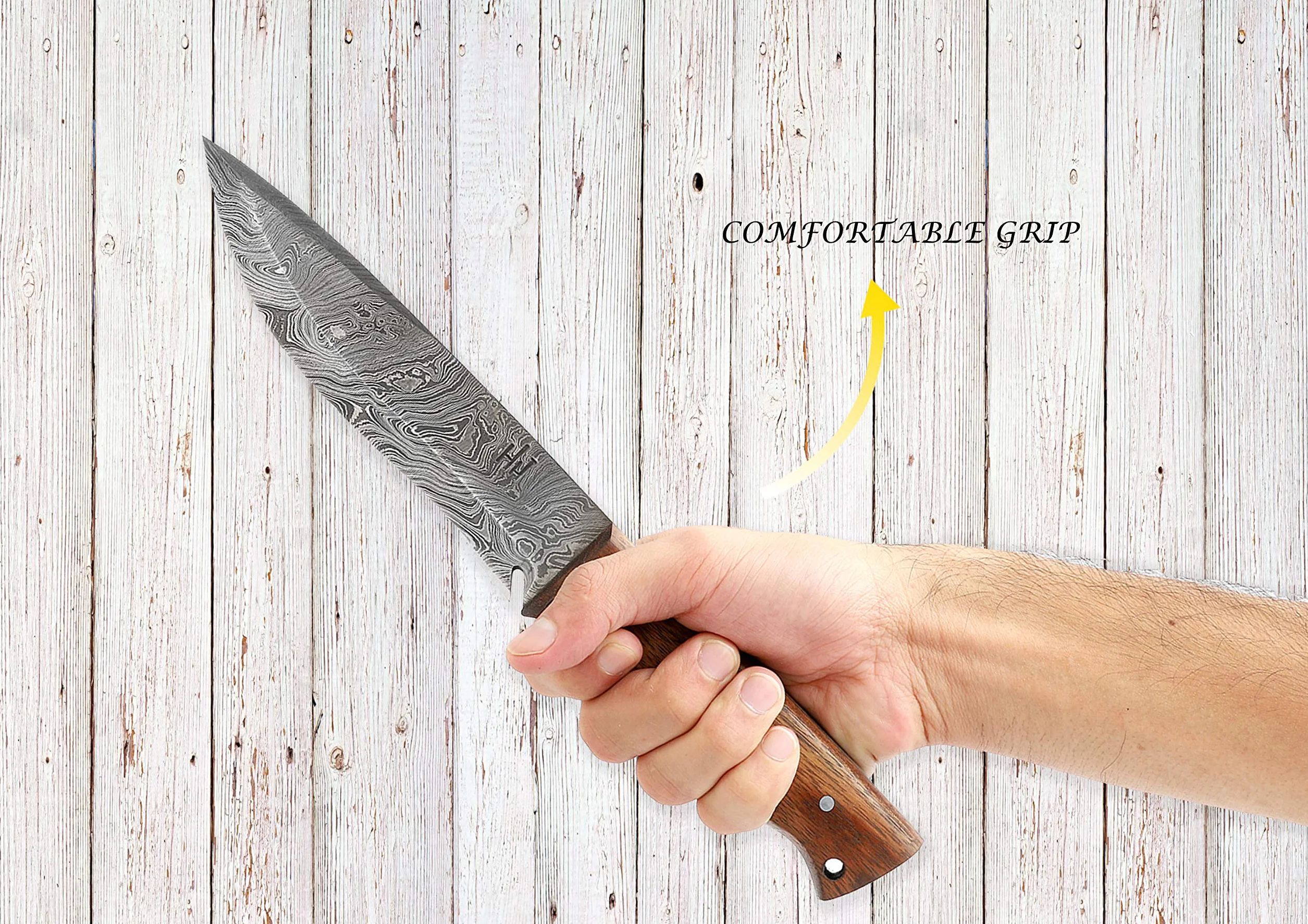 Hobby Hut HH-401, 11,5 Pollici Bushcraft Coltello in Acciaio Damasco | Coltello da Caccia, Manico in Legno di Noce | Fodero in Pelle | Lama affilata del Rasoio all'aperto