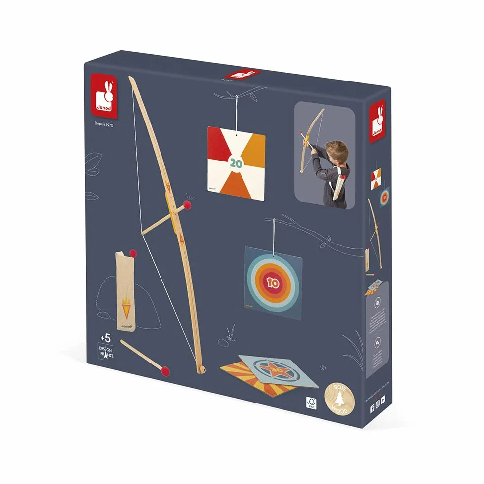 Janod Set Tiro con l'Arco in Legno con 3 Frecce Faretra e 4 Bersagli Gioco all'Aperto