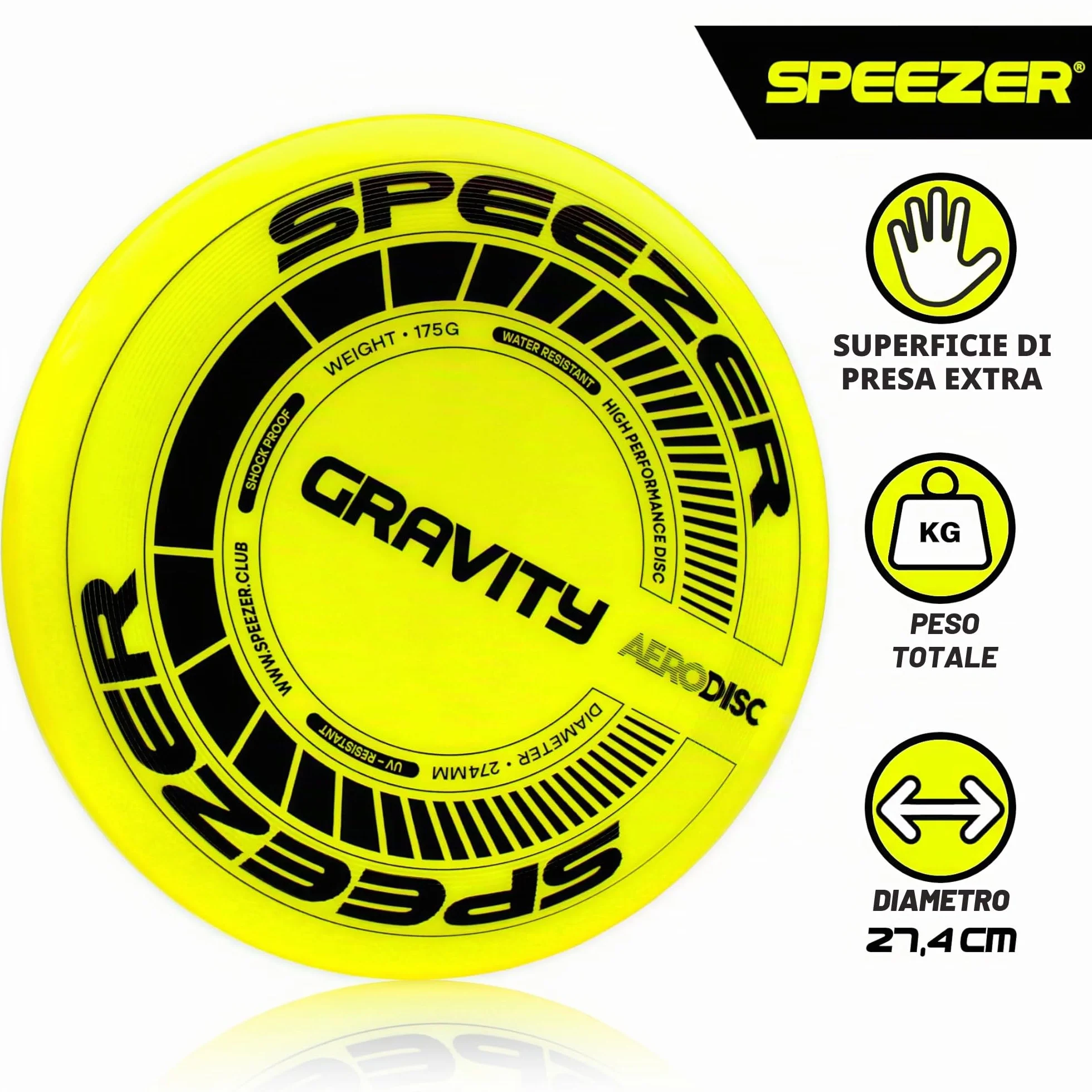 SPEEZER Gravity Frisbee 175 g – Disco da lancio professionale giallo neon per bambini adulti – Ultimate Flying Disc giocattolo da spiaggia