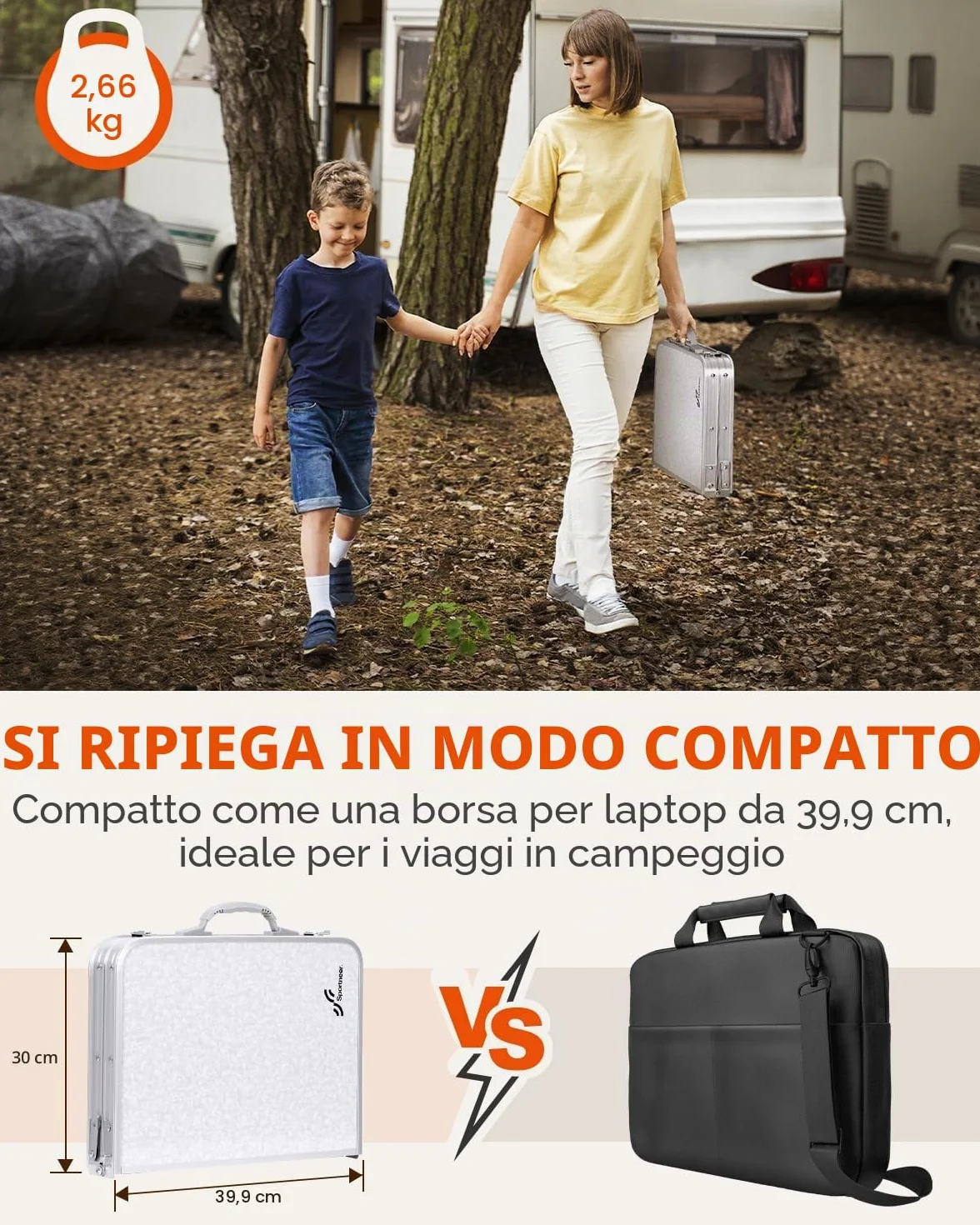 Sportneer Pieghevole Tavolino da Campeggio 60×40 cm Regolabile in Altezza 4 Altezze Portatile Bianco