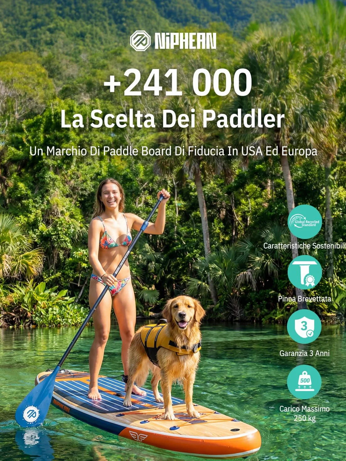 Niphean Tavola SUP Gonfiabile per 2+1 Persone, Stand Up Paddle Board con StabilTrac Pinna, Custodia Impermeabile, SUP Gonfiabile Adulti