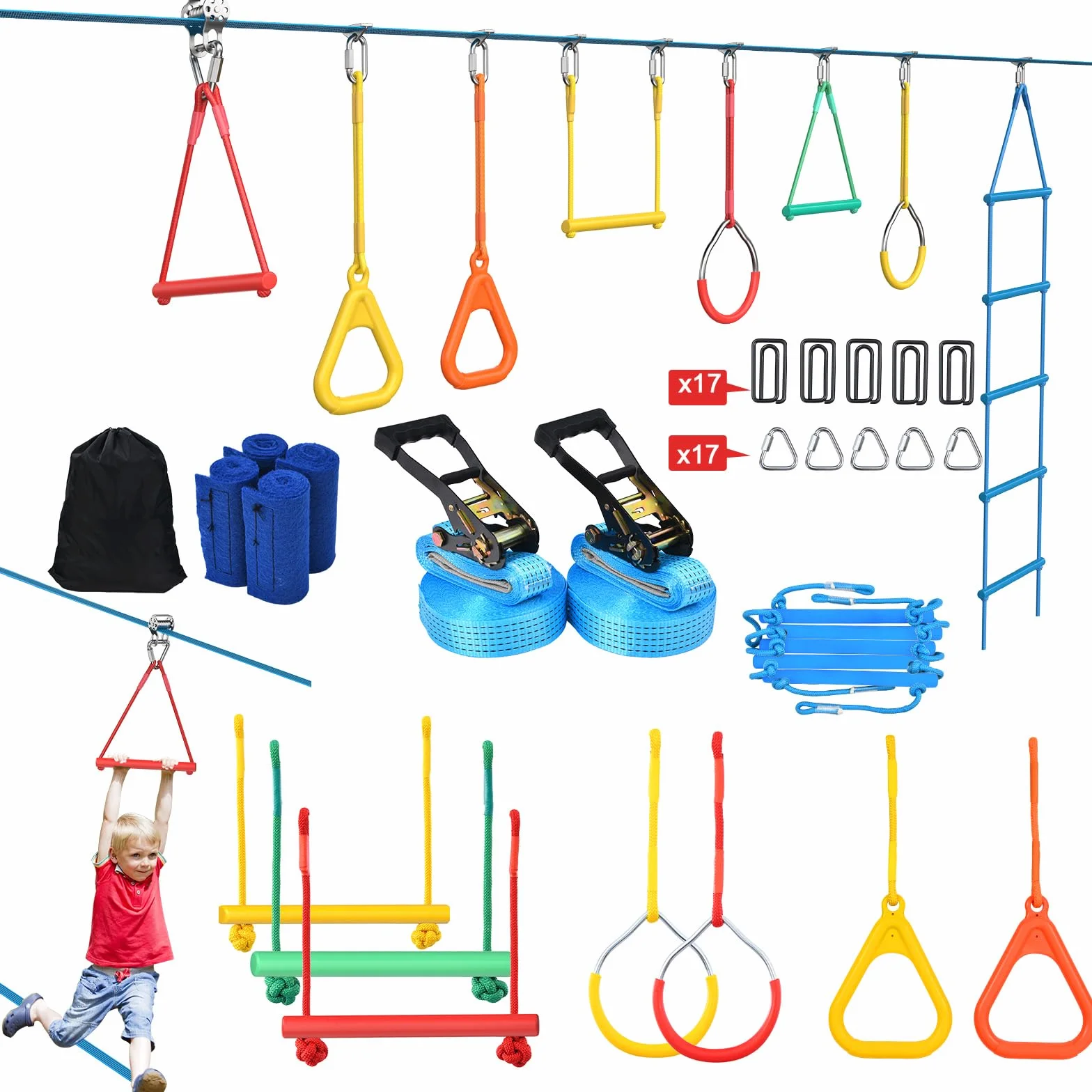 Hapfan 2X50ft Slackline Linea per Bambini con Carrucola, Set di Ostacoli da Arrampicata con Pali, Scala, Anelli e Protezione per Alberi (Blu)