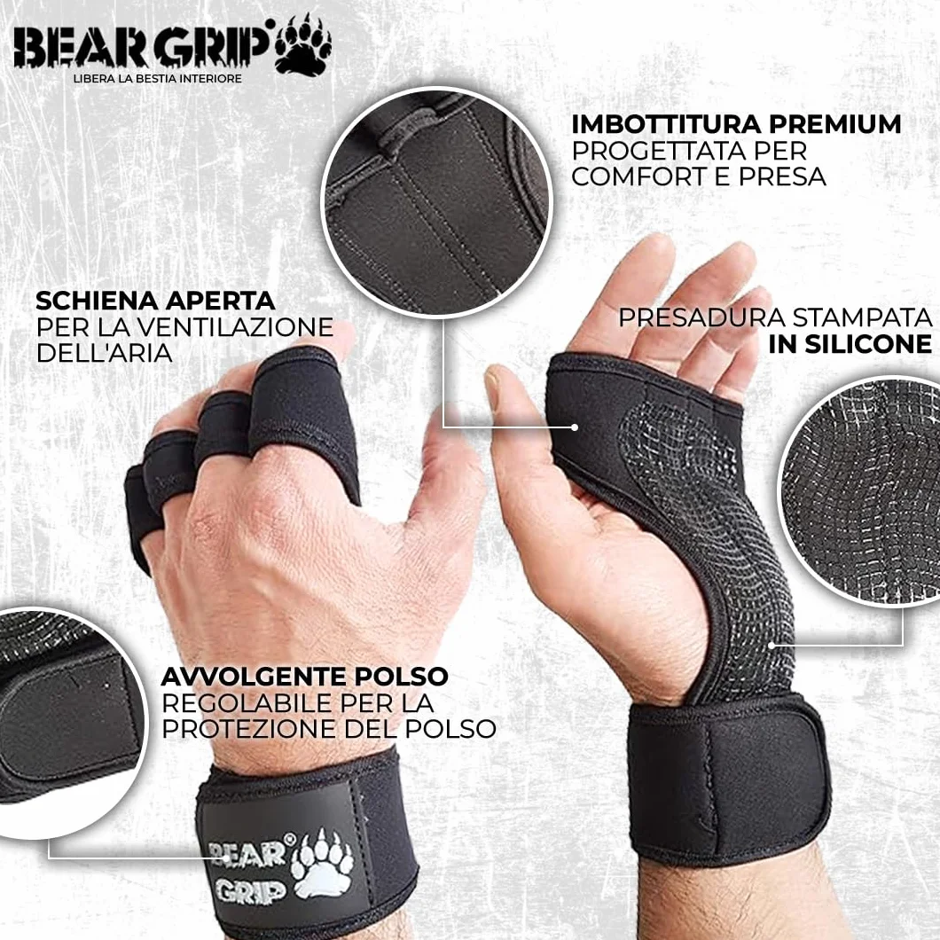 Bear Grip Guanti da allenamento aperti per CrossFit, bodybuilding, sollevamento pesi