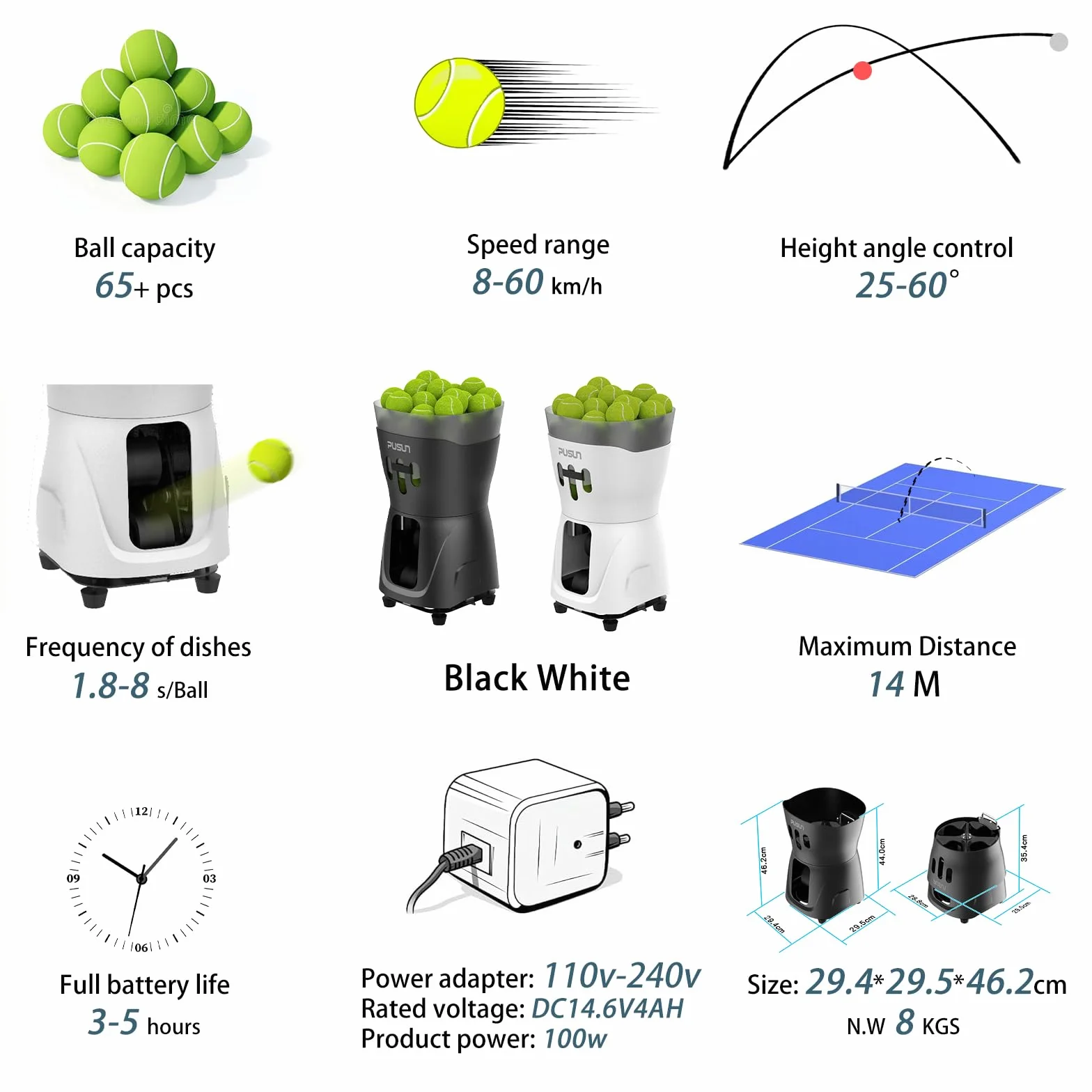 PT Mini Pro Pallina da tennis Machinec, portatile, velocità e rotazione regolabili, capacità 65+ palline, telecomando, batteria