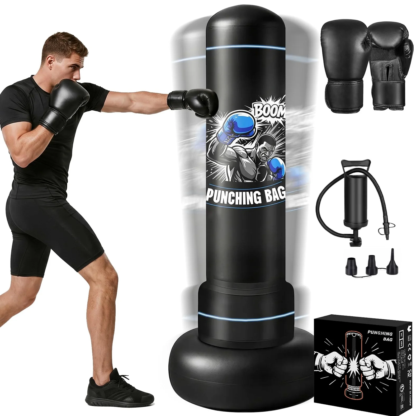 Qoosea Sacco da Boxe da Terra 180cm, Stabile Sacco da Boxe per Adulti Pungiball con Guantoni e Pompa, Sacchi da Box Gonfiabile per Pratica di TaekwondoKarate MMA Fitness