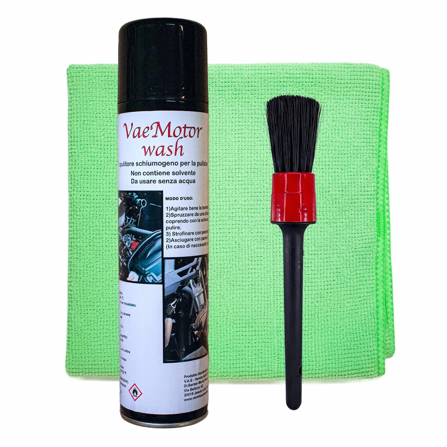 VAE VAEMOTOR WASH Pulitore Schiumogeno per Motori Moto, Auto e Bici, Detergente a Secco Senza Acqua con Pennello e Panno in Microfibra – Kit Completo per la Pulizia Rapida e Sicura del Motore