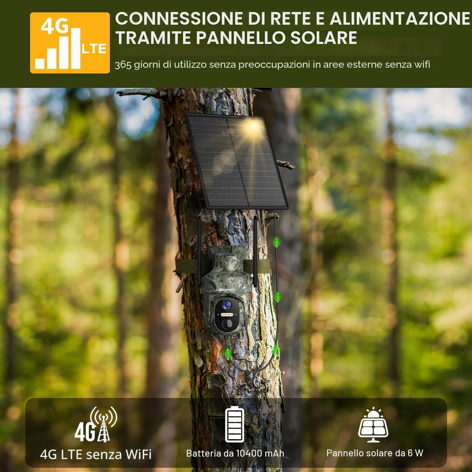 Fotocamera da Caccia 4G con SIM Preinstallato, Fototrappola Solare 2K, Visione Notturna a Colori, Rilevamento PIR, IP66
