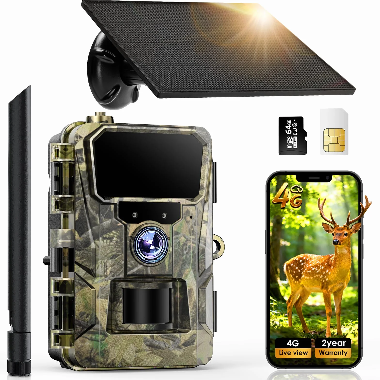 iZEEKER 2 en 1 Fototrappola Solare 4G LTE con SIM e 64GB Scheda Micro SD, HD 48MP Fotocamera Caccia Visione Notturna, Batteria 5200mAh, APP Controllo Remoto, IP66 Impermeabile