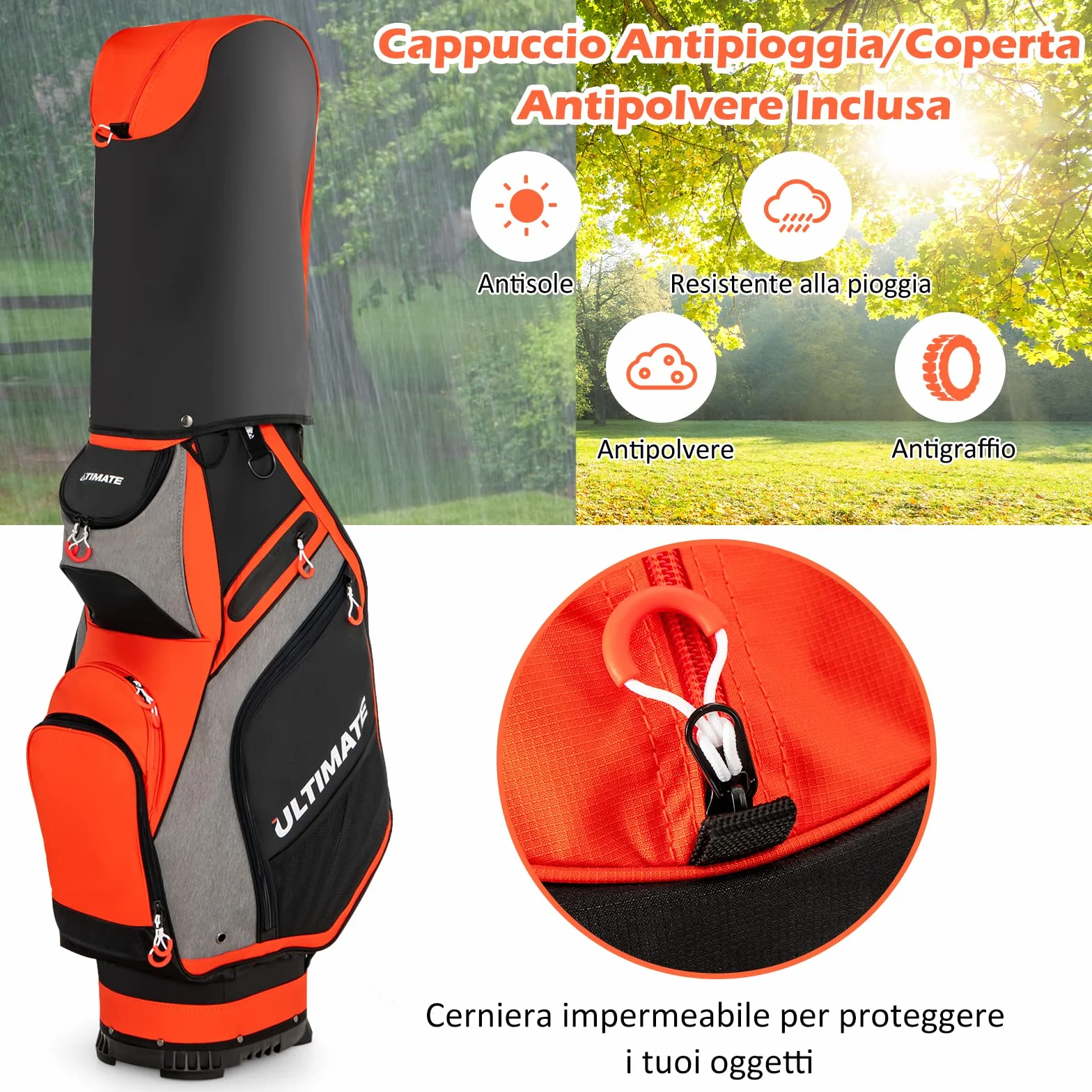 COSTWAY Borsa da Golf Portatile 14 Divisori 7 Tasche Cappuccio Antipioggia Tracolla Manico Portaombrelli Rosso Grigio