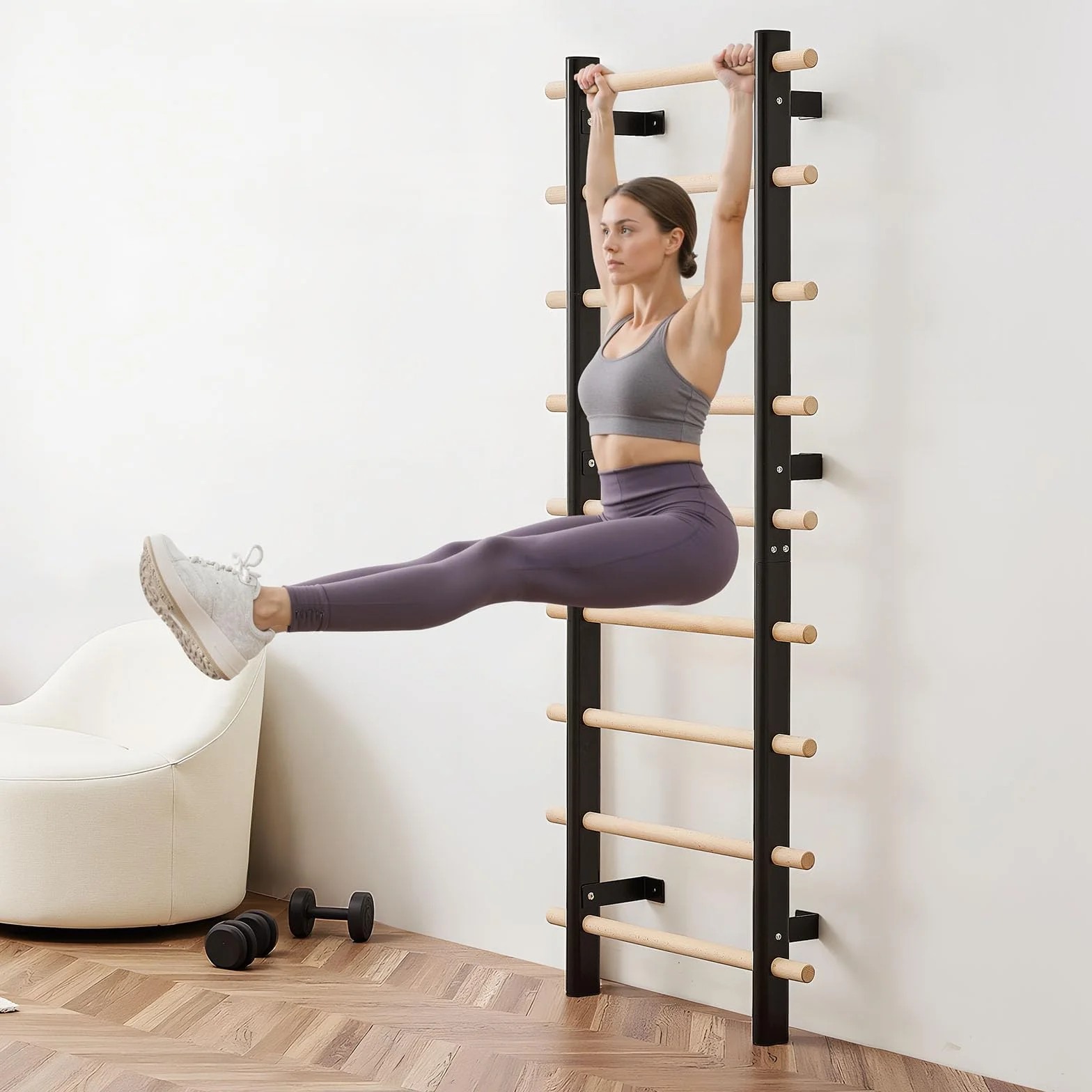 VEVOR Scala Svedese da Parete 150 kg 9 Livelli Barre Ginnastica Legno Massello Acciaio Carbonio 80x80 mm