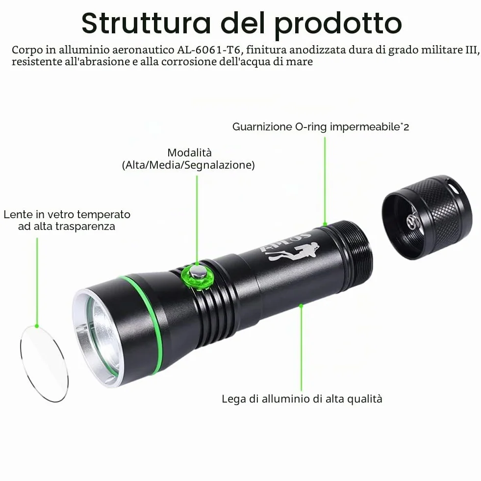 APLOS Torcia Elettrica Subacquea AP30 3000lm IPX8 Impermeabile Ricaricabile