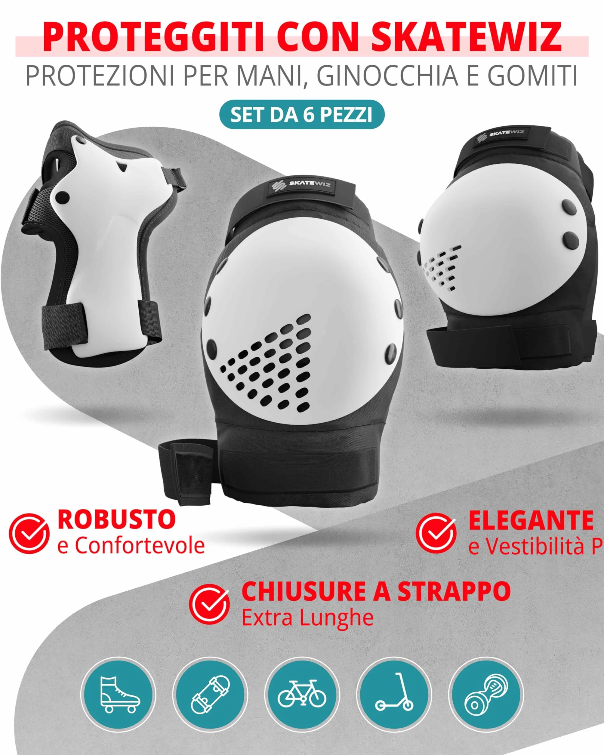 SKATEWIZ Set Protezioni Skateboard Bambini Smash Gomitiere Ginocchiere Polsi Roller Skating [6 Pezzi]