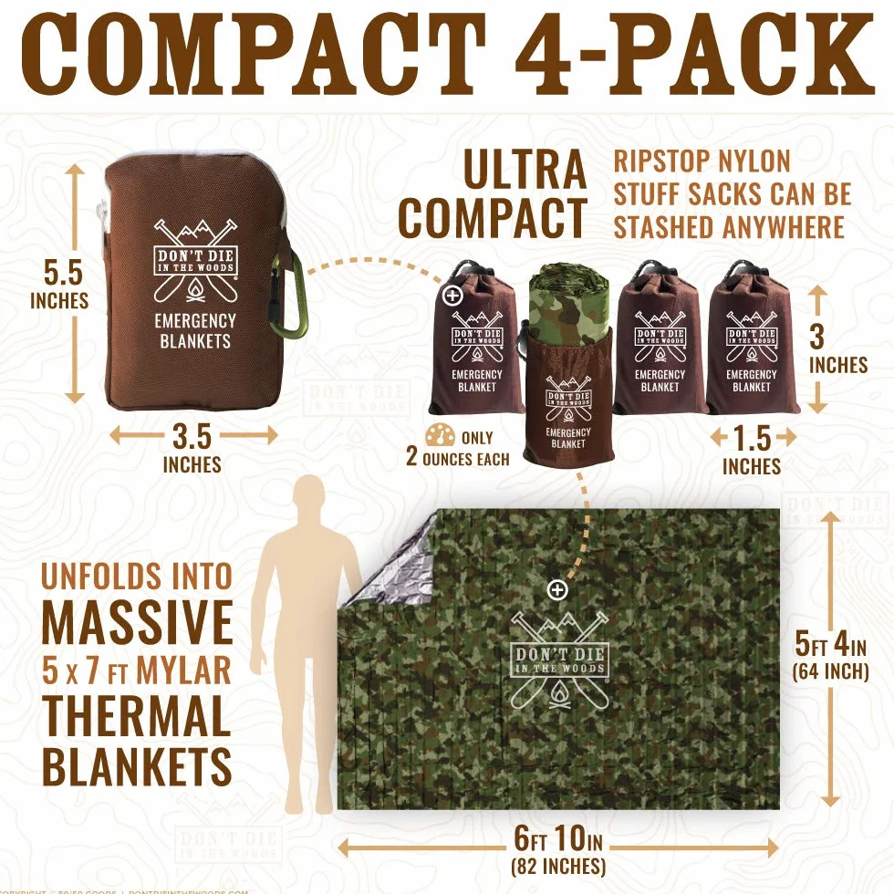 Coperte termiche in Mylar XL 4 pezzi, coperte di emergenza Don't Die In The Woods
