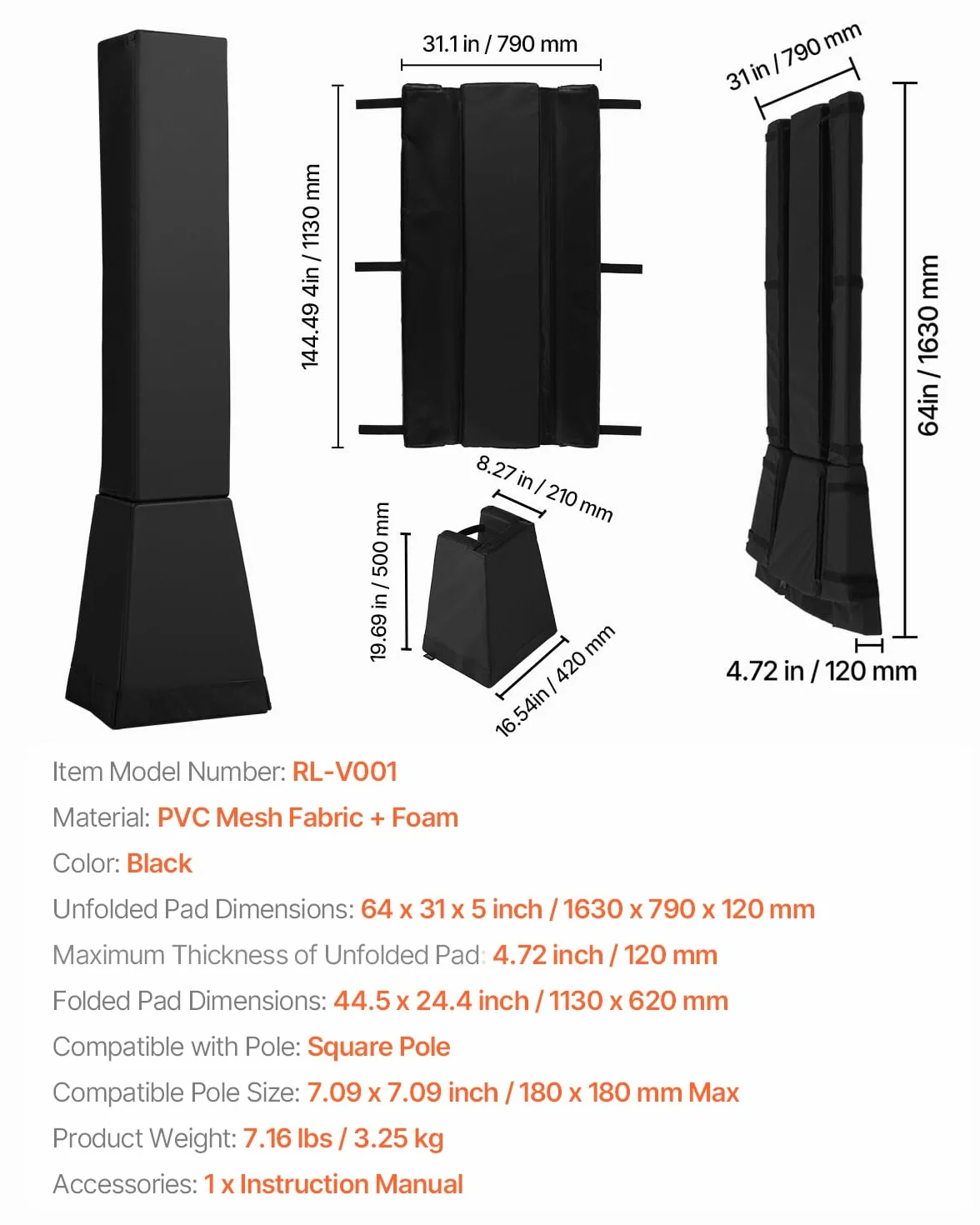 VEVOR Imbottitura per Palo da Basket Altezza 163 cm, Cuscinetto Protettivo Impermeabile per Barre Quadrate Max. 18x18 cm