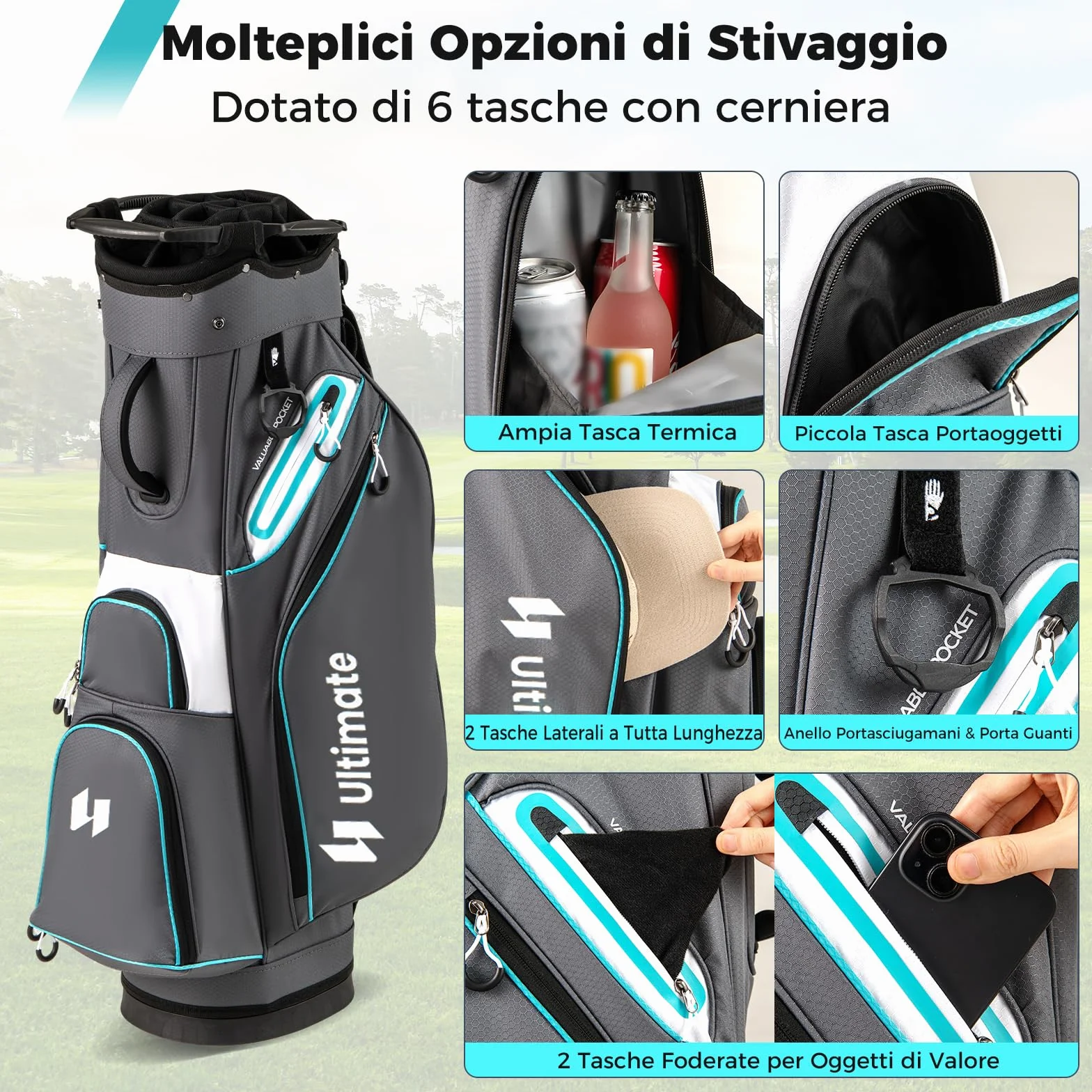 COSTWAY Borsa da Golf 14 Scomparti, Organizzatore Portatile con Tasca Frigo, Tracolla Regolabile, Cappuccio Antipioggia