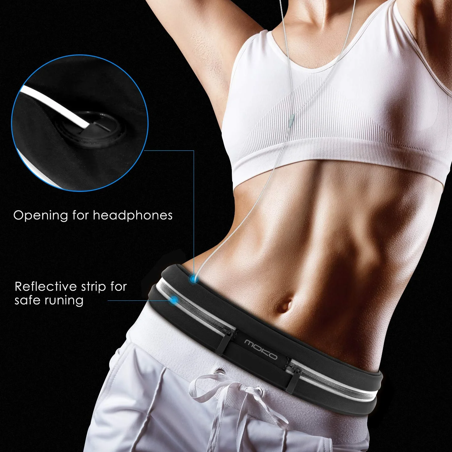 MoKo Marsupio Sportivo Running Impermeabile con Fasce Riflettenti, Cintura da Corsa Regolabile Doppia Tasca per iPhone 11/11 Pro/11 PRO Max/XS/XR, Nero
