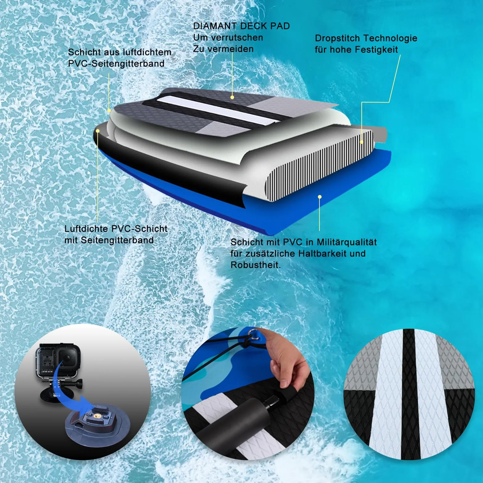 Tavola gonfiabile Stand Up Paddle 330x76x15 cm portata 150 kg blu mimetico