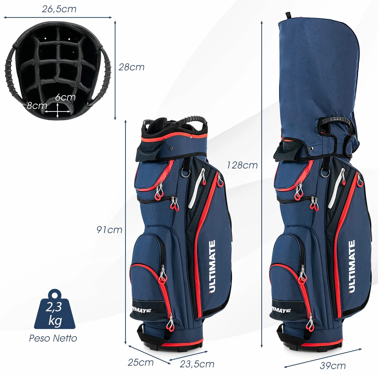 COSTWAY Borsa da Golf Leggera Grande Capacità 14 Divisori 8 Tasche Cappuccio Antipioggia Tracolla Borsa Termica Blu