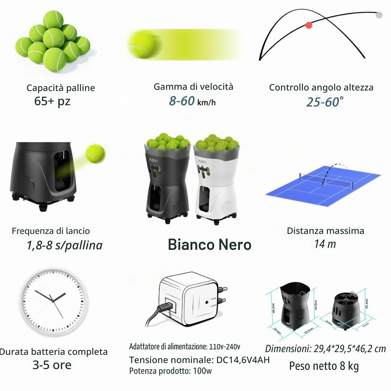 PT-Mini Pro Macchina per palline da tennis con velocità e angolazione regolabili, telecomandata, allenamento