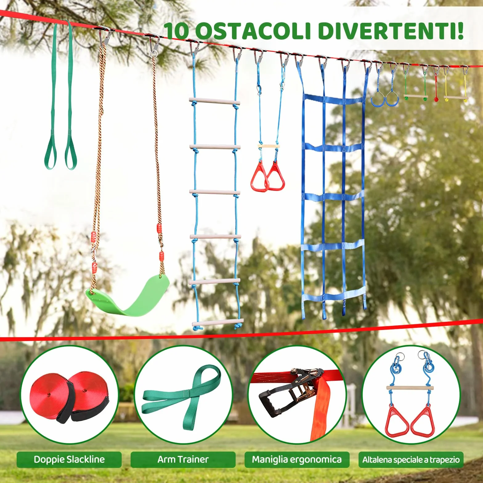 Dripex Percorso ad Ostacoli Ninja per Bambini 15m×2 Slackline 10 Ostacoli durevoli Allenamento all'aperto Cortile Altalena Rete Scala Arrampicata
