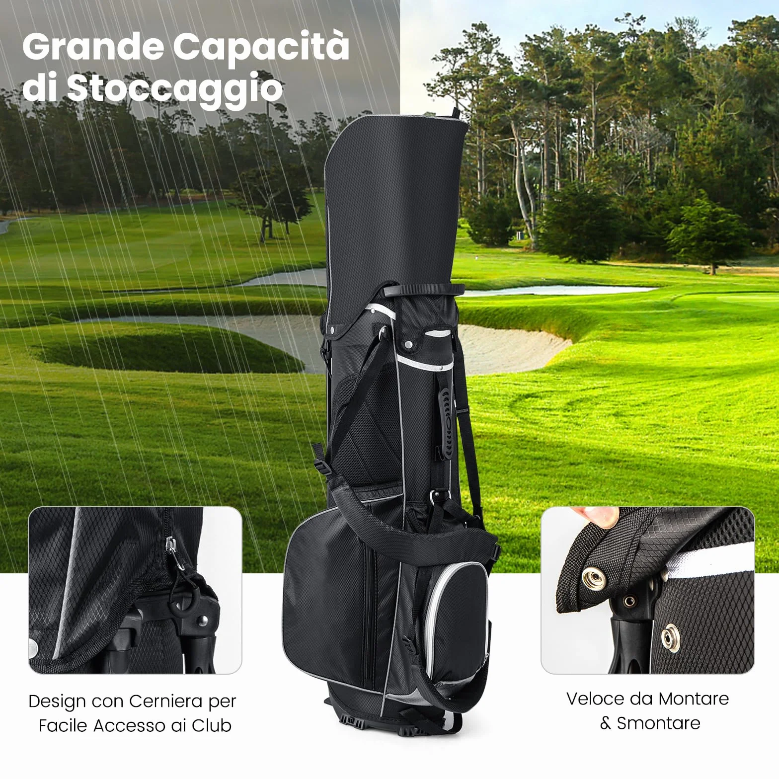 COSTWAY Borsa da Golf con Supporto, Divisori a 14 Vie, 6 Tasche, Borsa Frigo, Doppia Tracolla e Cappuccio Antipioggia