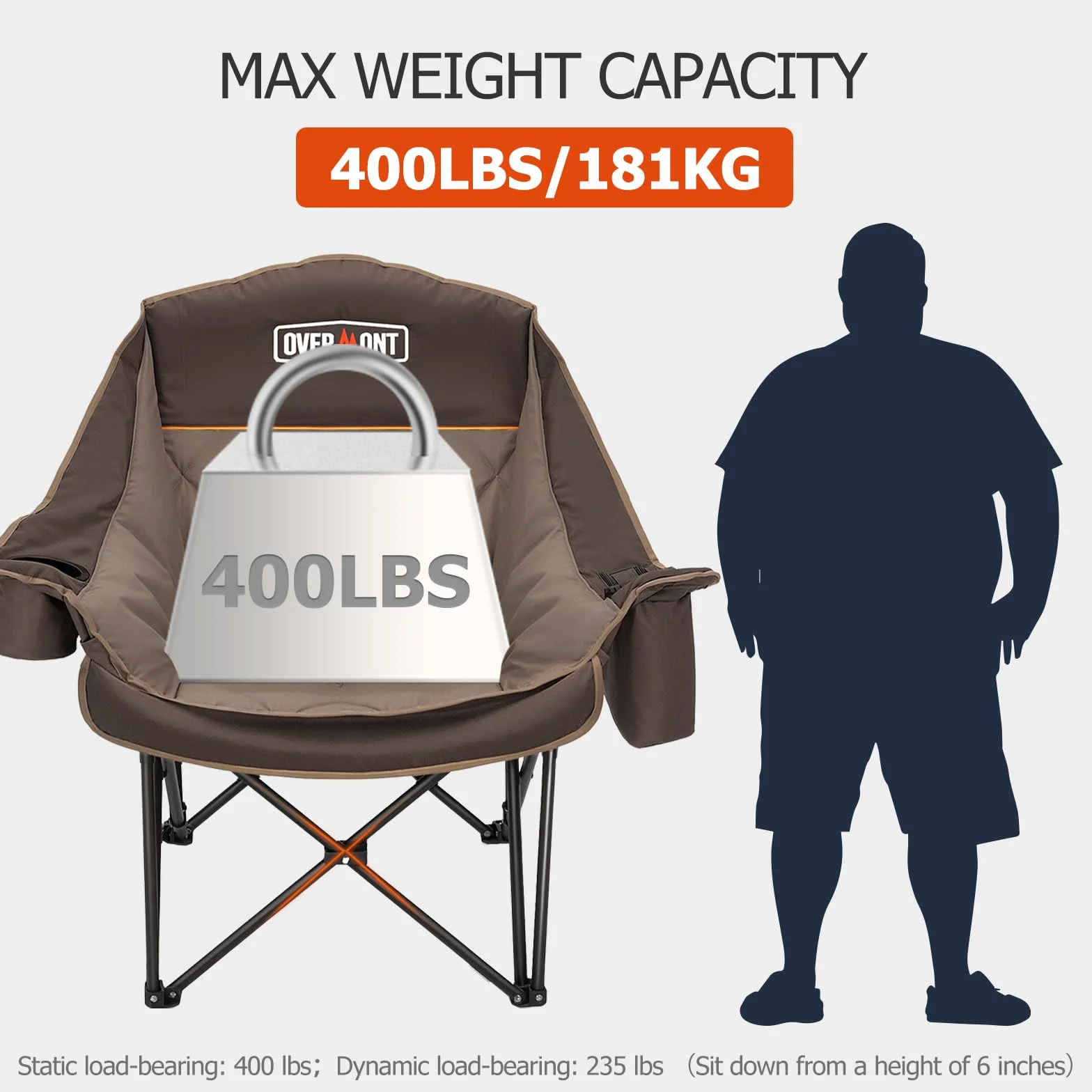 OVERMONT Sedia da Campeggio Pieghevole Oversized 204kg - Sedie da Pesca con Imbottitura Borsa Termica Portabicchieri Khaki