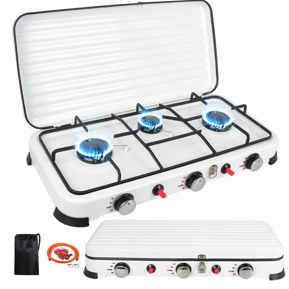 Fornello da Campeggio a Gas 3 Fuochi, 5,4 kW Cucina a Gas-GPL Portatile con Accensione Piezoelettrica, Coperchio Antivento, Fornelli da Campeggio per Camper, Gite all'Aperto ed Escursioni