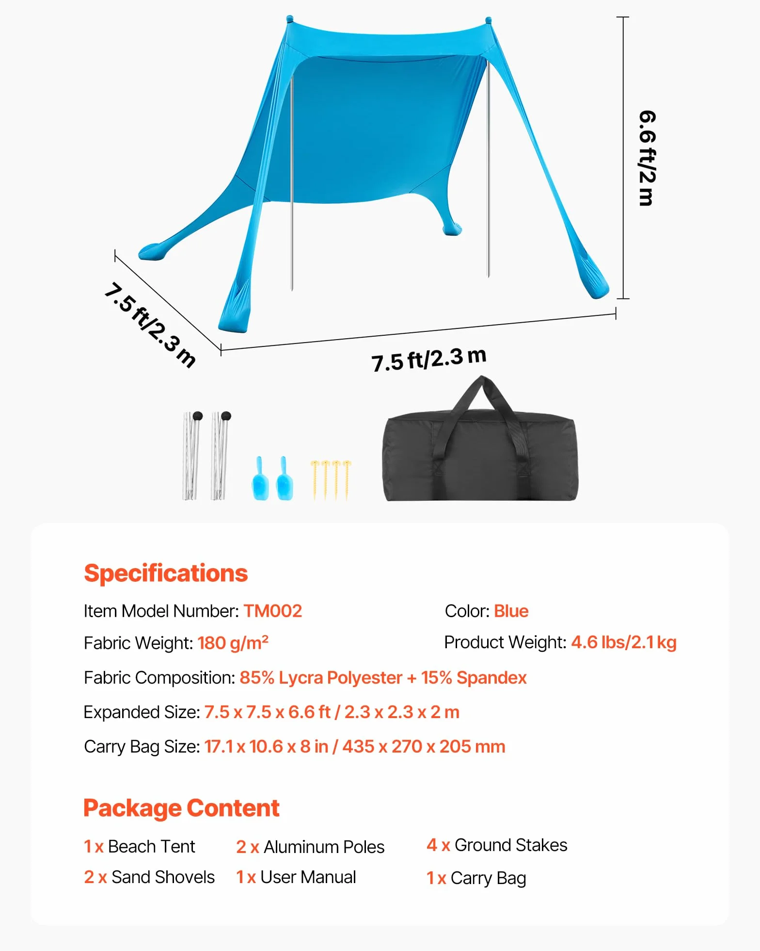 VEVOR Tenda Parasole Portatile da Spiaggia per Esterno Protezione Solare UPF50+ 2,3 x 2,3 x 2 m, Parasole da Spiaggia con Pali di Supporto Tenda Portatile per Campeggio Viaggio Pesca, Blu