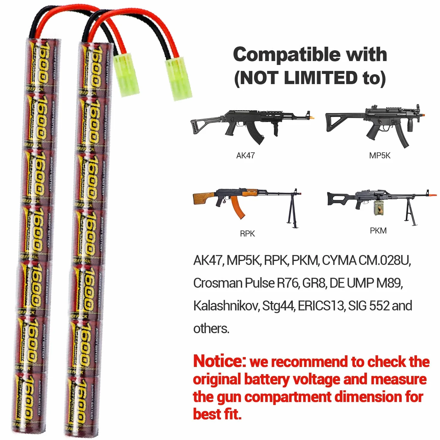 Melasta 8.4V 1600mAh NiMH Airsoft Batteria Mini Tamiya Connettore 2 Pezzi per AK47 MP5K RPK PKM