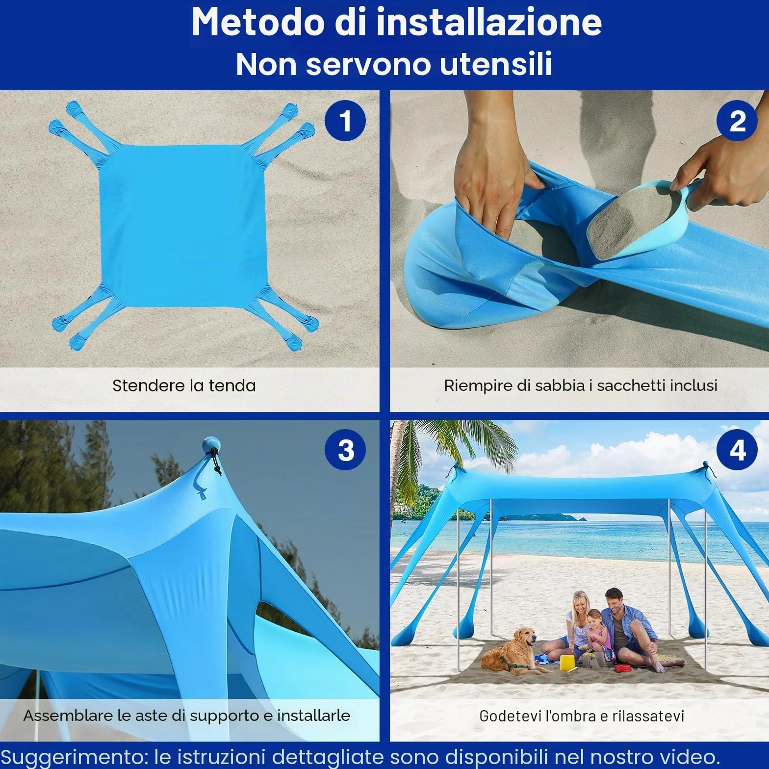 Rhino Valley 3x3m Tenda da Spiaggia Ultra Stabile Portatile, Protezione UV UPF50+ Tenda da Mare Super Antivento con 8 Ancoraggi a Sabbia Riempibili e 4 Aste in Alluminio